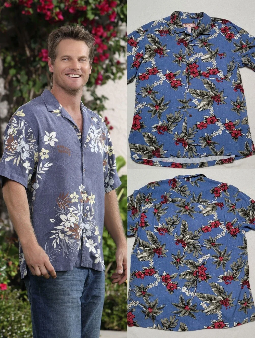 Bobby Cobb Vintage Caribbean Joe Blue Tropical Barkcloth Print Button Up Shirt